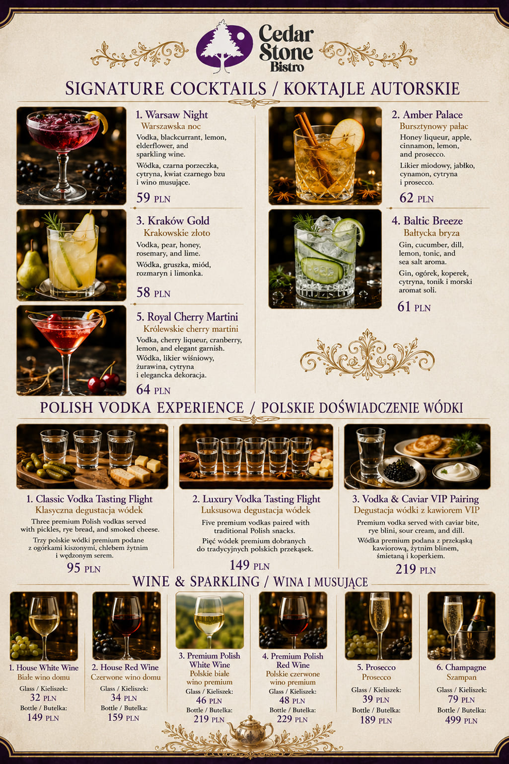 Koktajle, wódki i wina — karta menu Cedar Stone Bistro