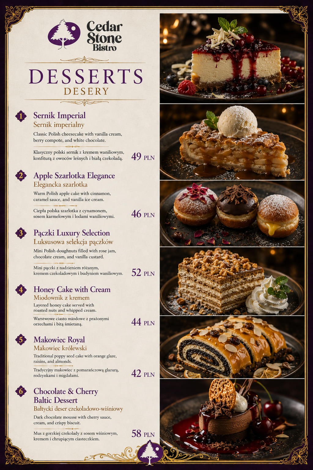 Desery — karta menu Cedar Stone Bistro