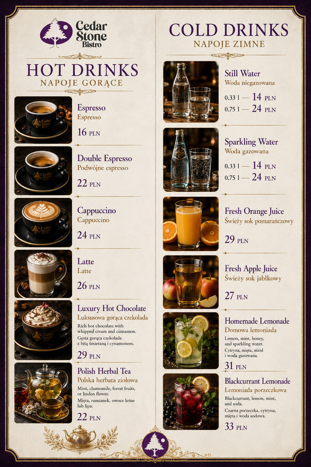 Napoje gorące i zimne — karta menu Cedar Stone Bistro