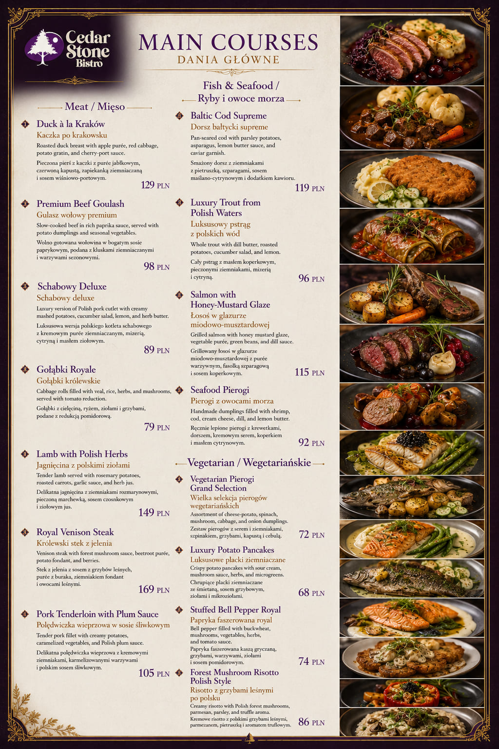 Dania główne — karta menu Cedar Stone Bistro