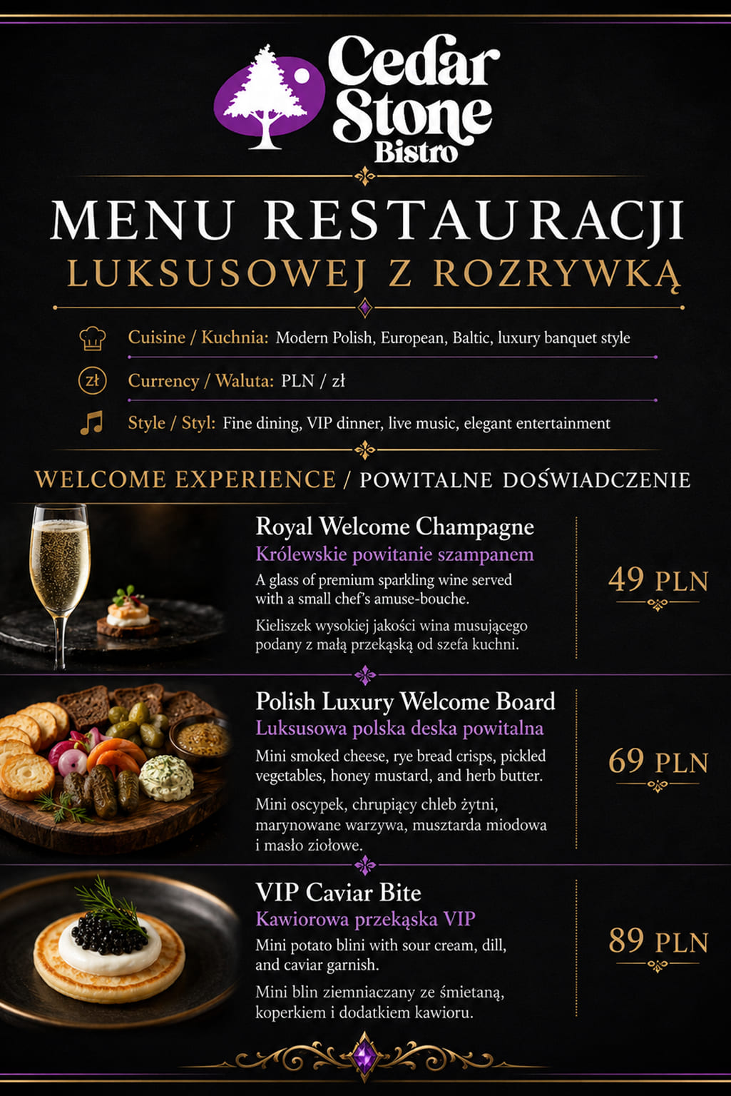 Karta powitalna — doświadczenie Cedar Stone Bistro