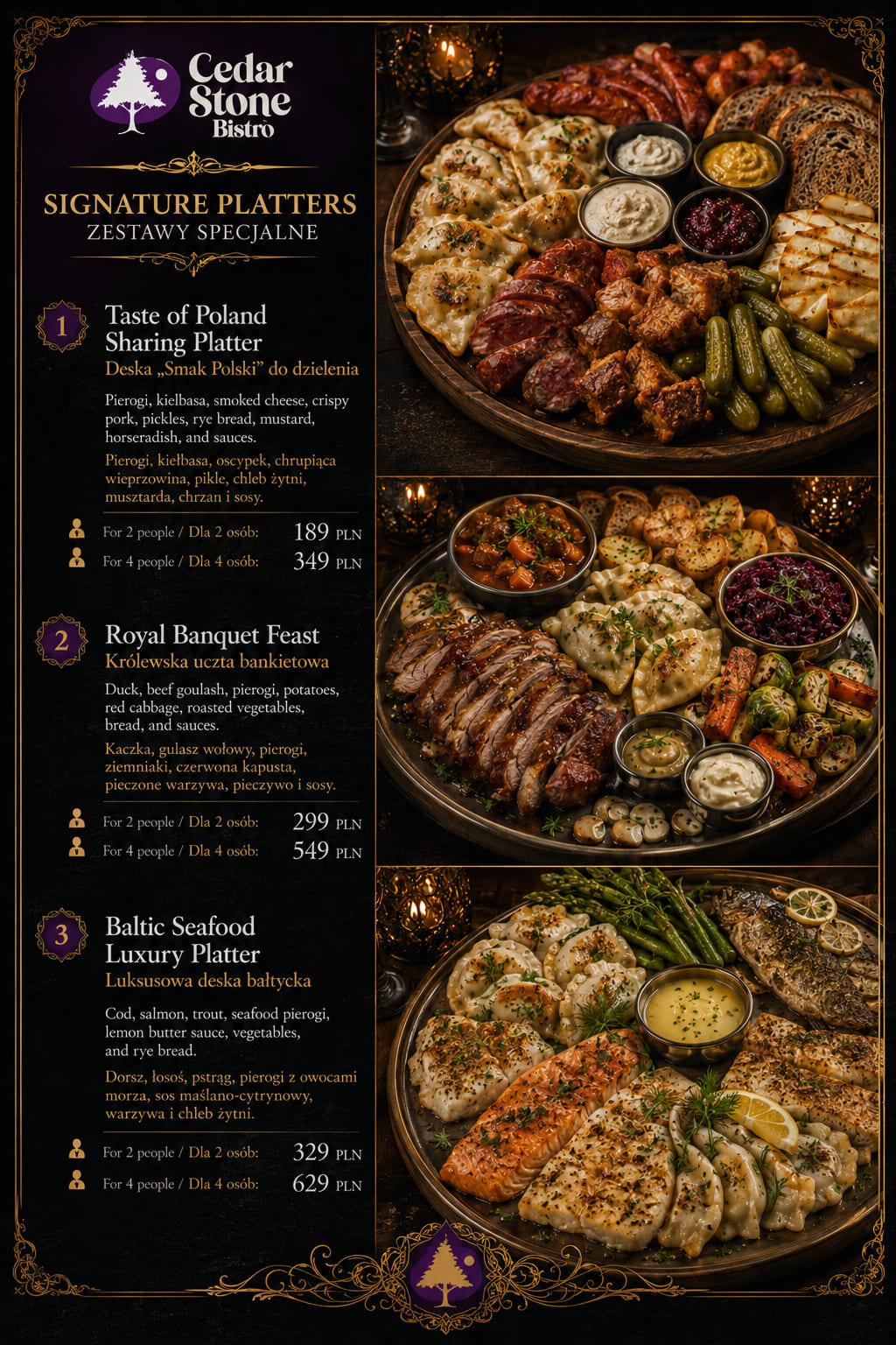 Talerze sygnaturowe — karta menu Cedar Stone Bistro