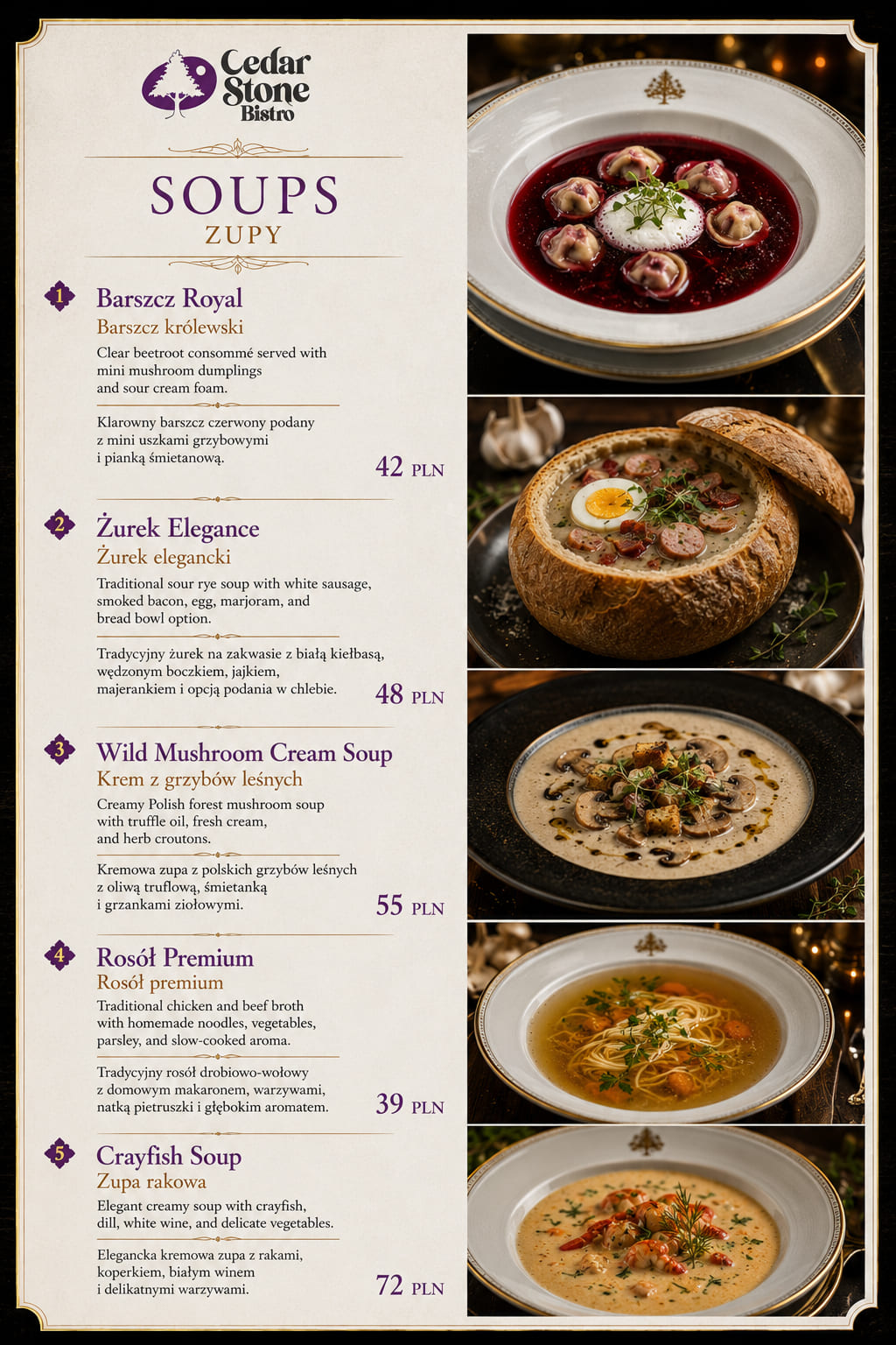 Zupy — karta menu Cedar Stone Bistro