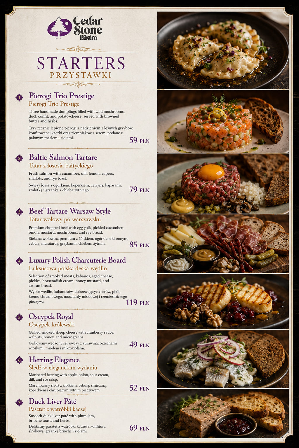 Przystawki — karta menu Cedar Stone Bistro