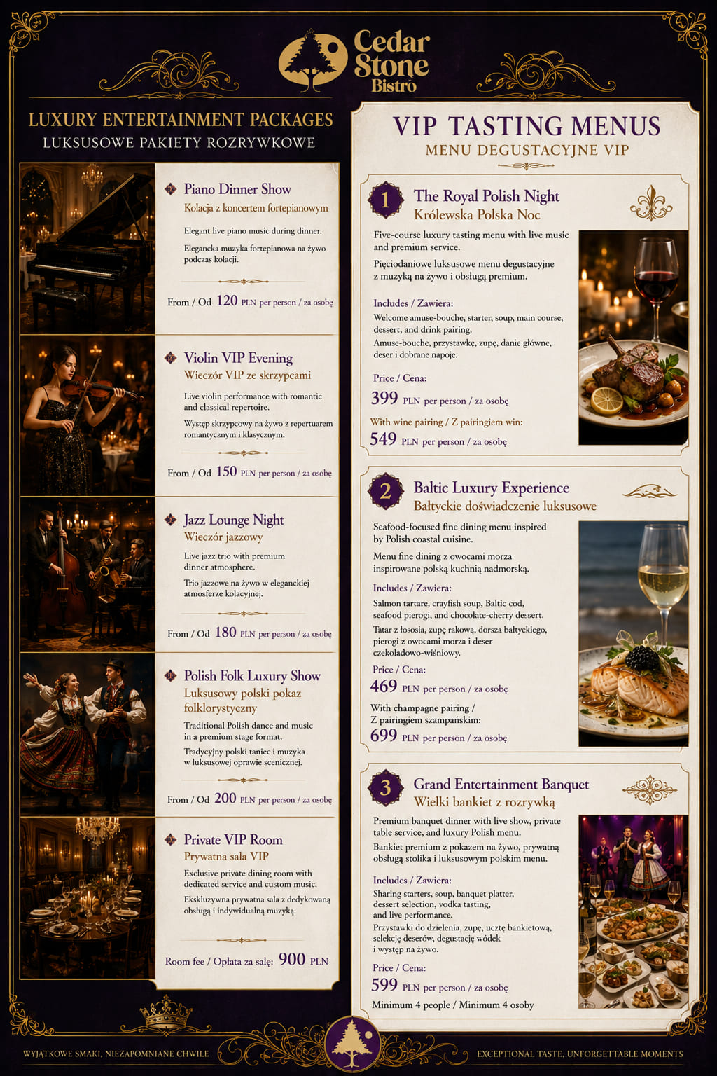 Pakiety VIP i degustacja — karta menu Cedar Stone Bistro