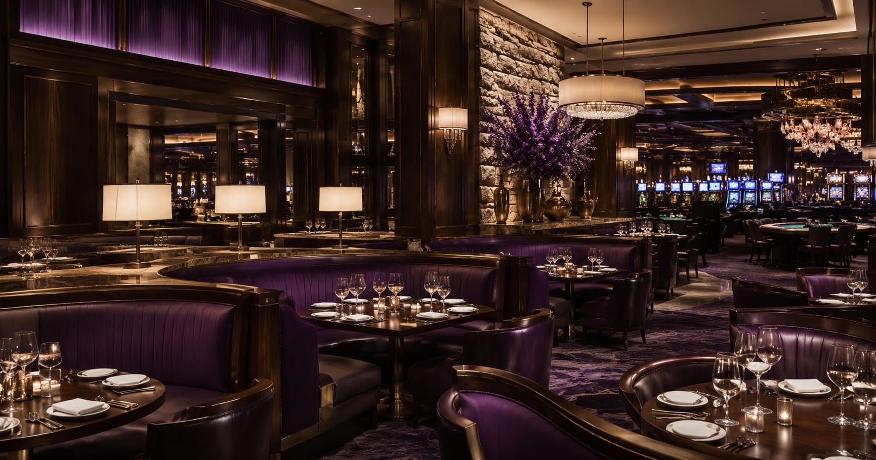 Fioletowe boksy restauracyjne obok stołów w stylu kasynowym